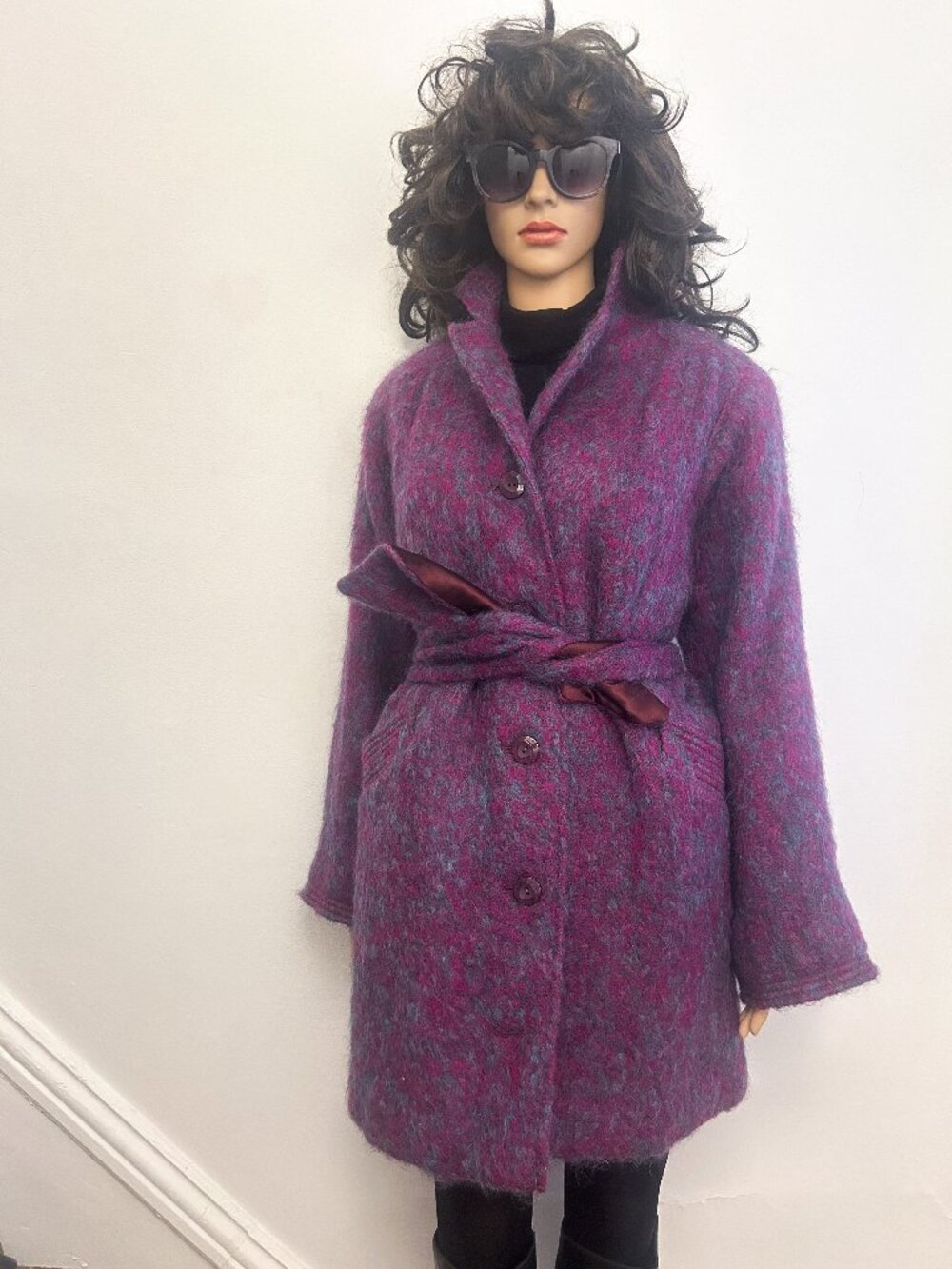 VINTAGE 70's/80s MOHAIR VIRGIN WOOL PEA COAT w/ ATTACHED MATCHING SCARF M - PLUM